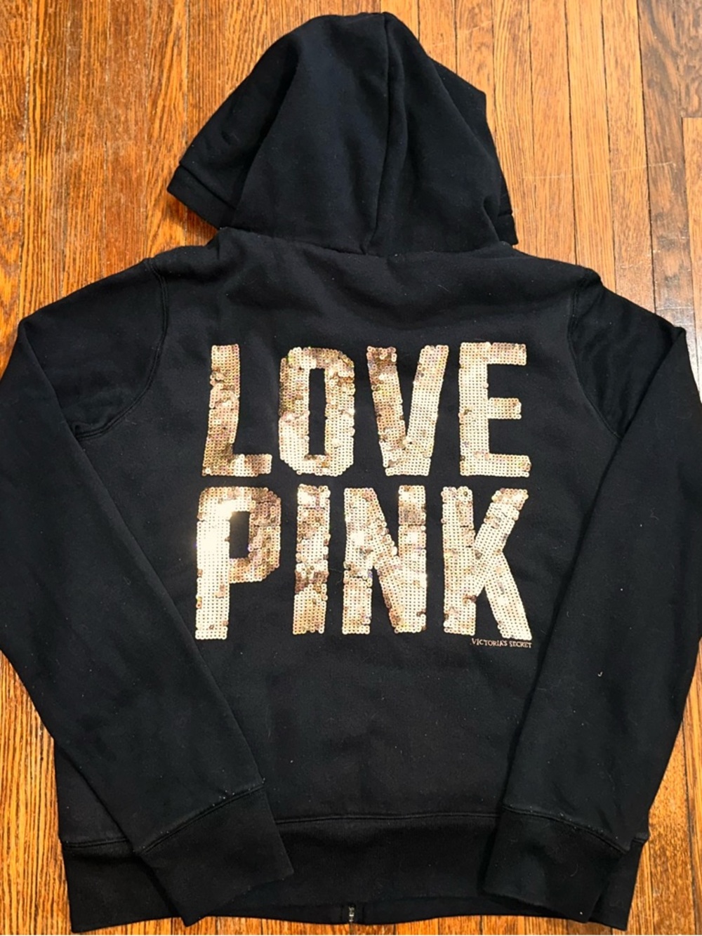 Large PINK Victoria's Secret Faux Fur Full Zip Love Gold Sequin Black Hoodie